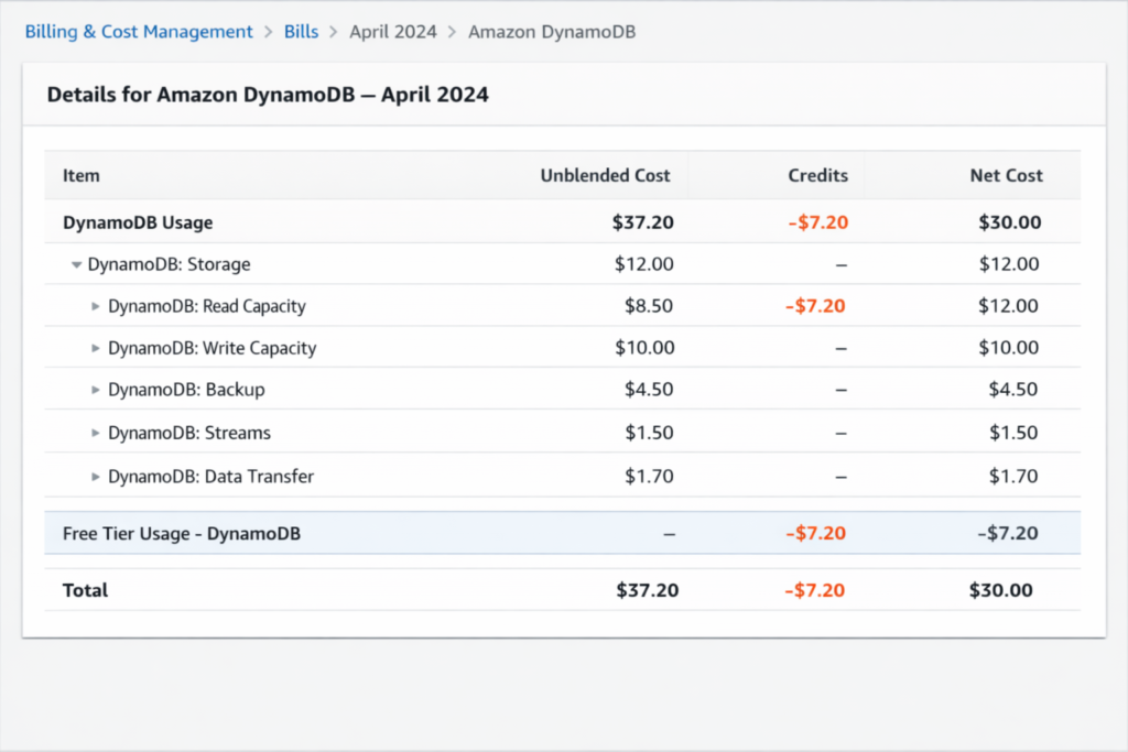AWS Organizations consolidated billing view demonstrating how the DynamoDB Always Free tier allowance of 25 WCU, 25 RCU, and 25 GB is shared across all linked member accounts rather than applied independently to each account