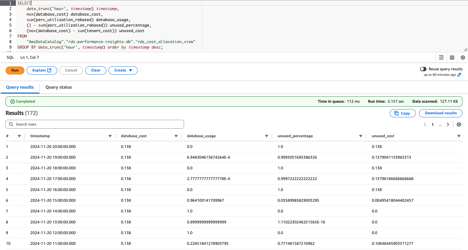 Amazon Athena console showing a query result against DynamoDB JSON export data.
