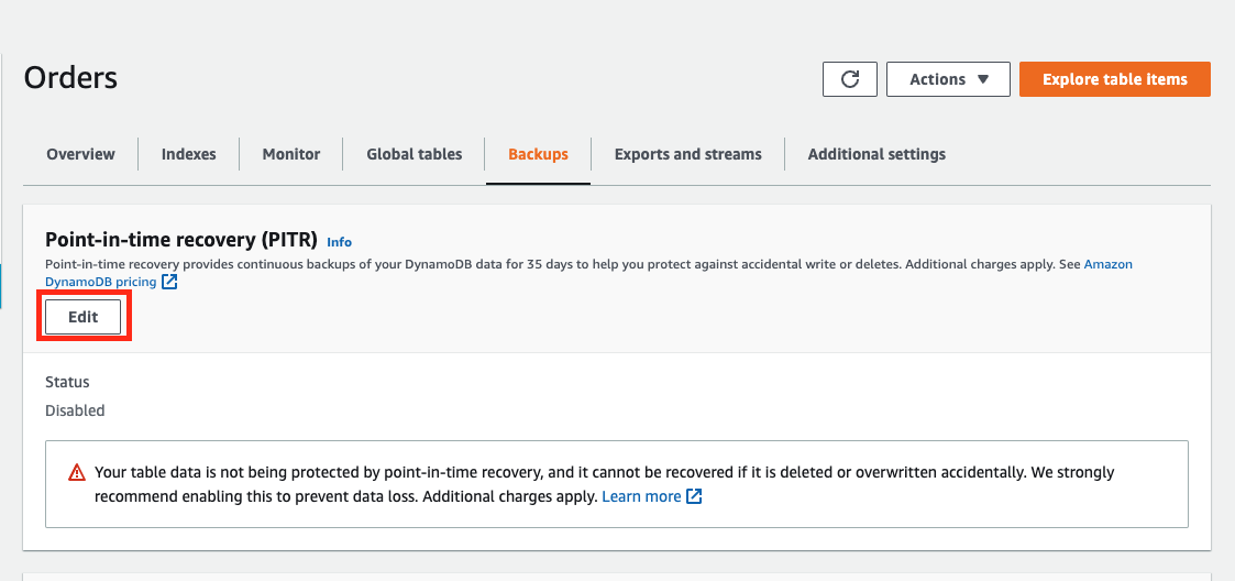 Illustration of DynamoDB console "Additional settings" tab showing PITR enabled with estimated monthly cost displayed.